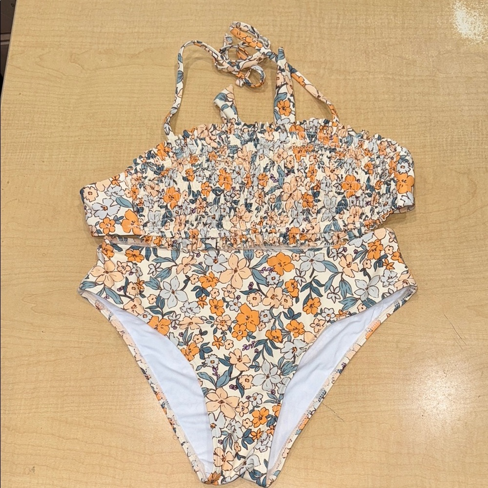 Floral print swim suit size Small  orange & cream  removeable straps tie neck.